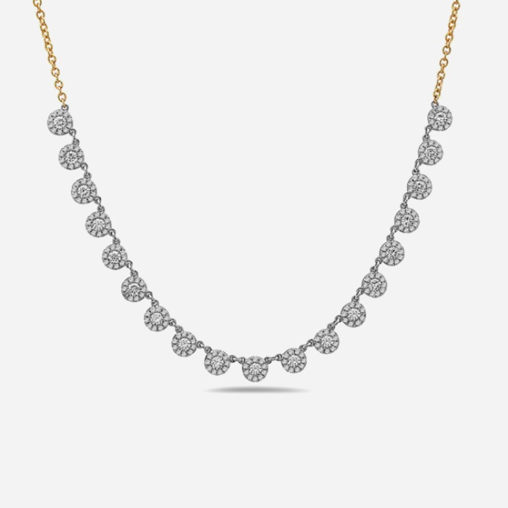14K Two-Tone Round Diamond Cluster Station Necklace