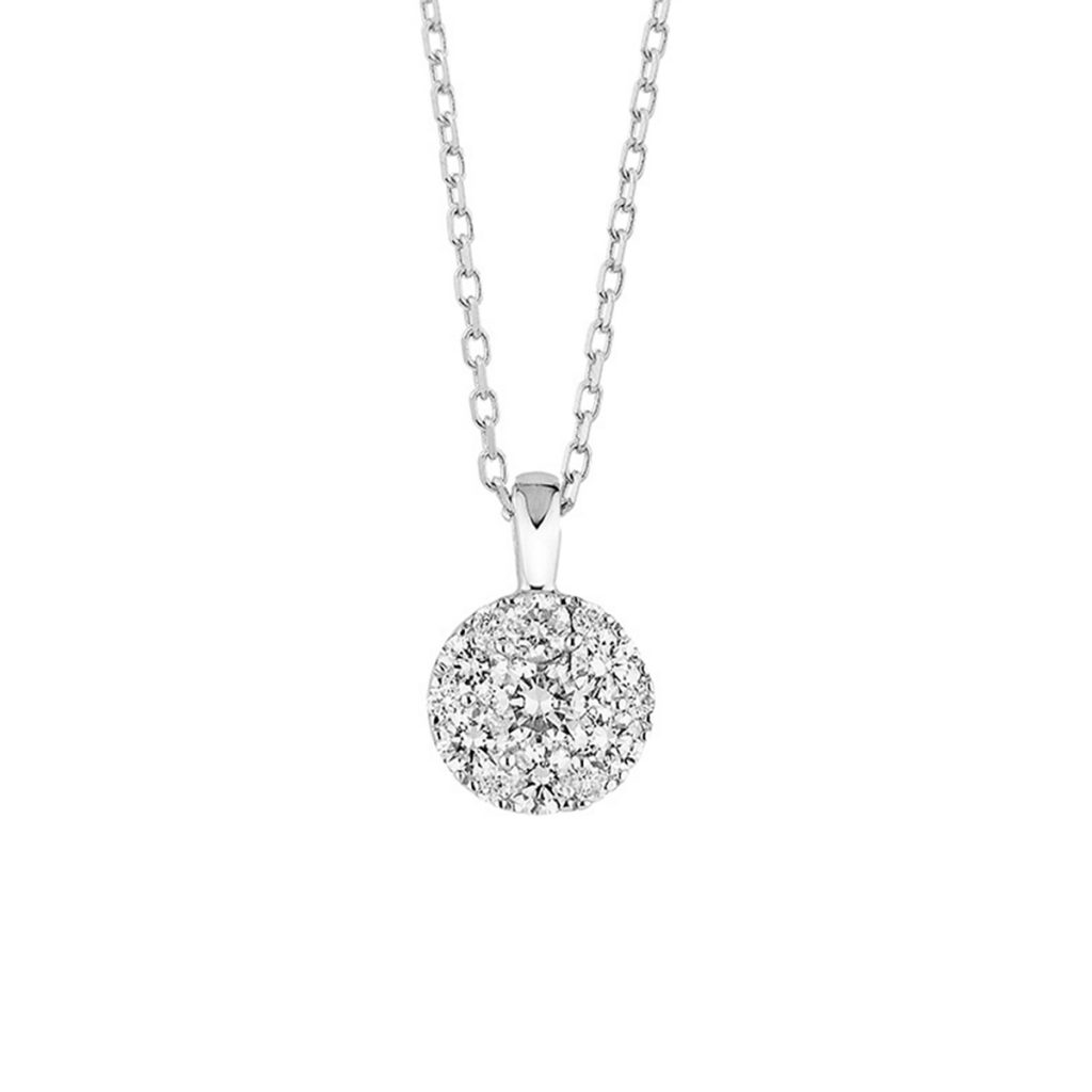 14K White Gold Round Diamond Cluster Pendant with Chain