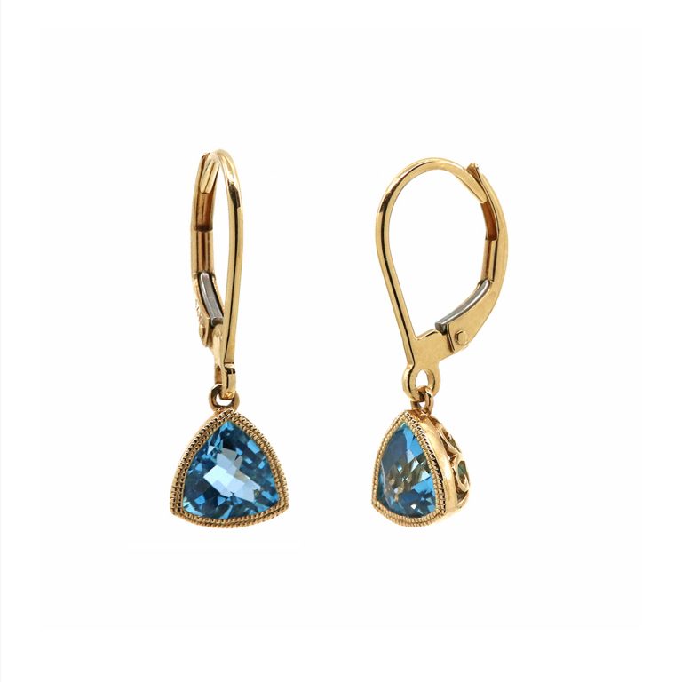 14K Yellow Gold Trilliant Blue Topaz Dangle Earrings