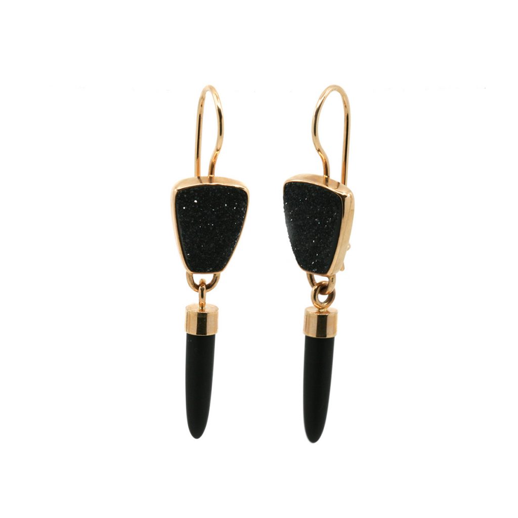 14K Yellow Gold Black Drusy and Onyx Dangle Earrings