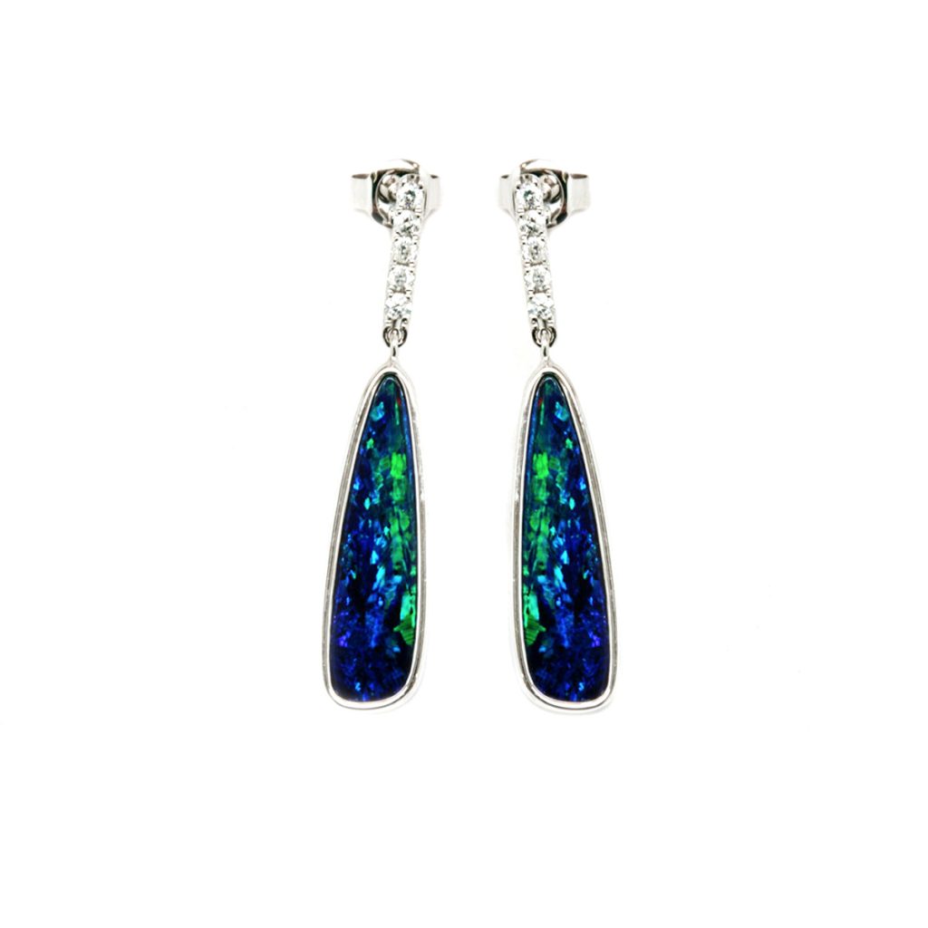 Opal Doublet and Diamond Dangle Earrings