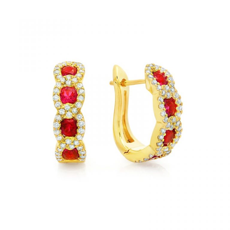 14k White Gold Ruby and Diamond Hinged Hoops