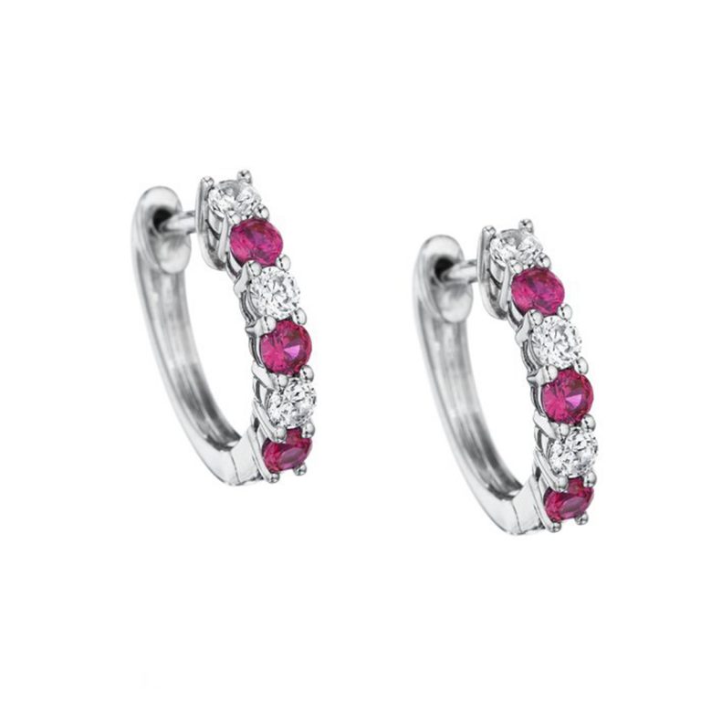 14k White Gold Ruby and Diamond Hoops