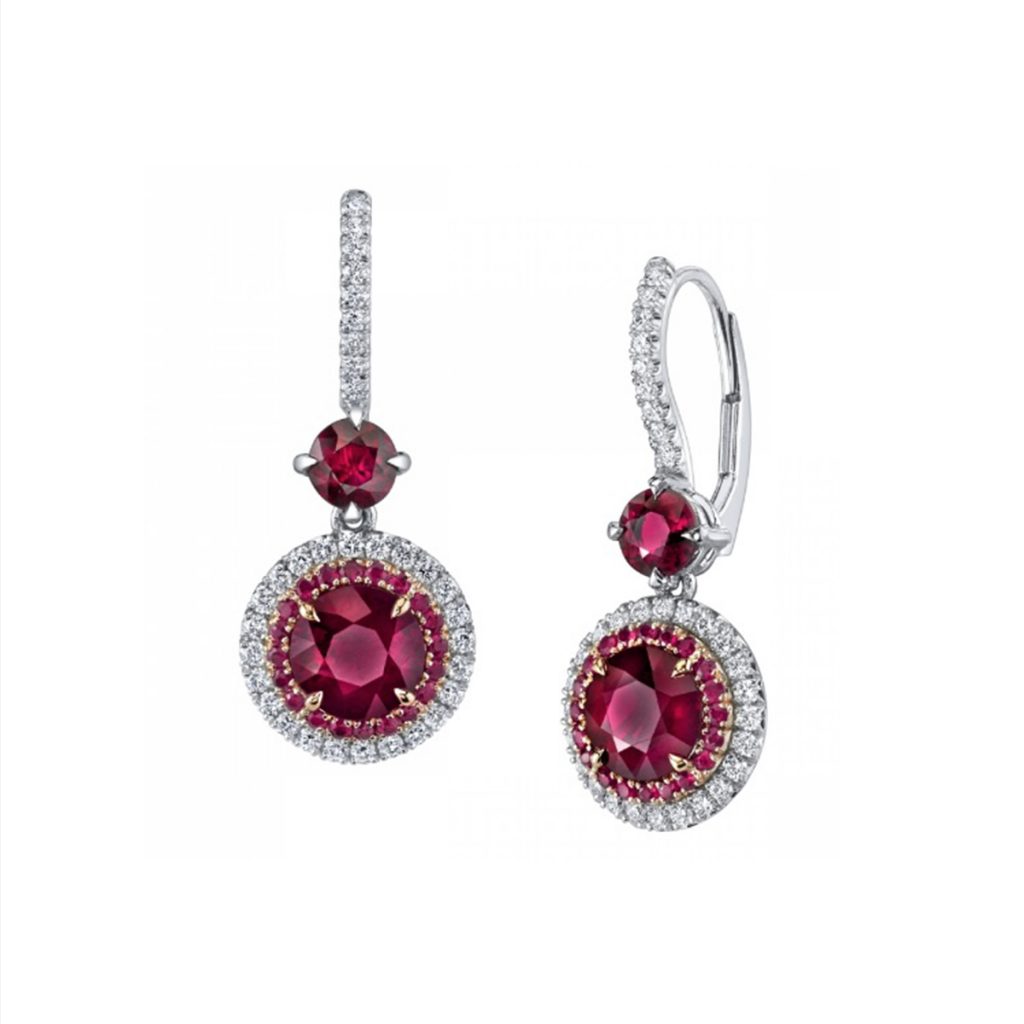Platinum and 18K Yellow Gold Ruby and Diamond Circle Halo Dangle Earrings