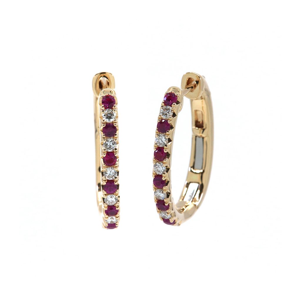 14k Yellow Gold Ruby and Diamond Oval Hoops