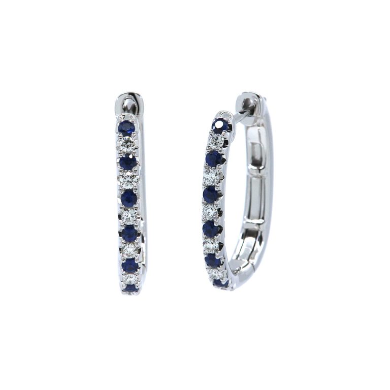 14k White Gold Blue Sapphire and Diamond Oval Hoops