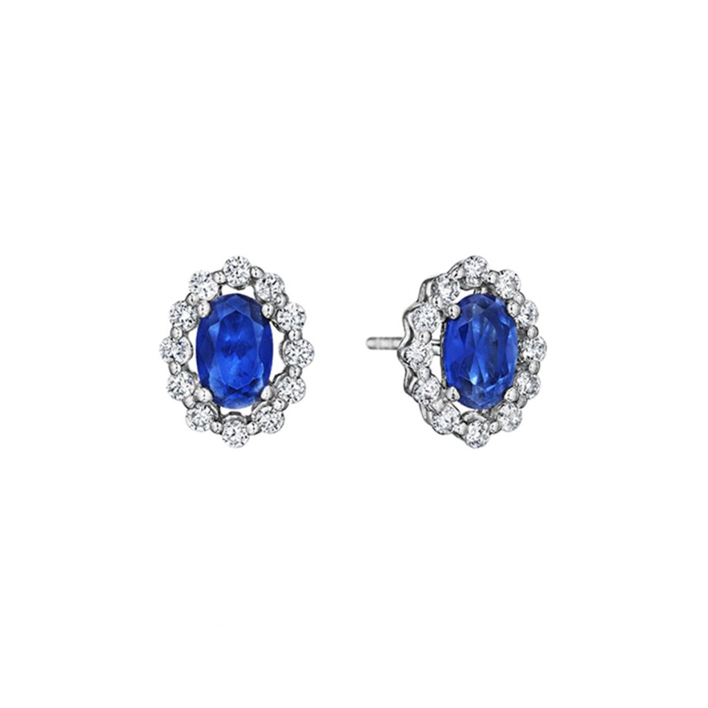 14k White Gold Oval Sapphire Earrings with Halo