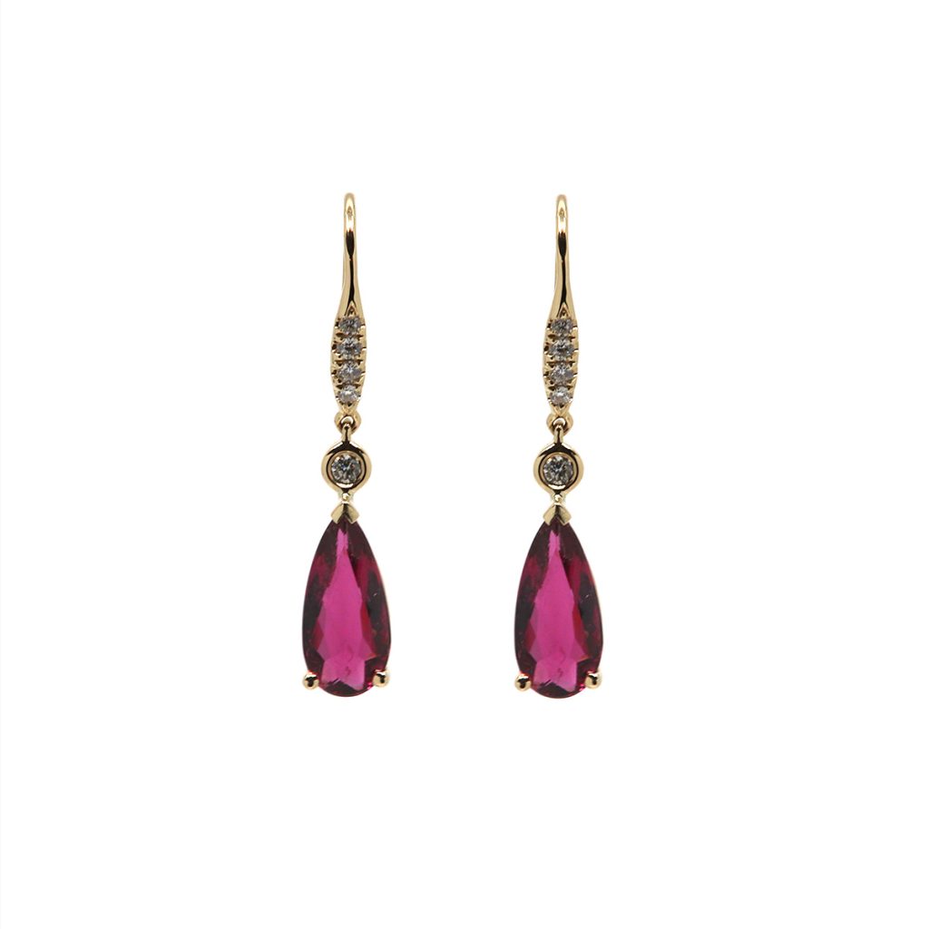 14K Yellow Gold Pink Tourmaline and Diamond Dangle Earrings