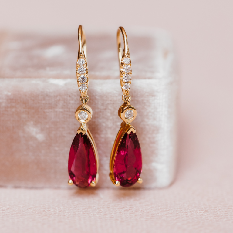 14K Yellow Gold Pink Tourmaline and Diamond Dangle Earrings