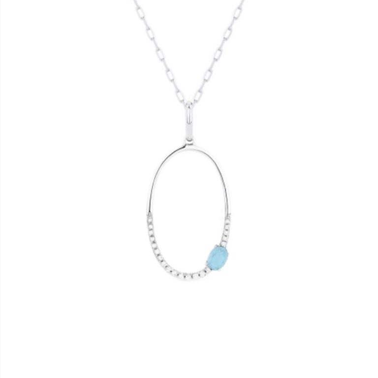 14K White Gold Open Oval Blue Topaz and Diamond Pendant and Chain