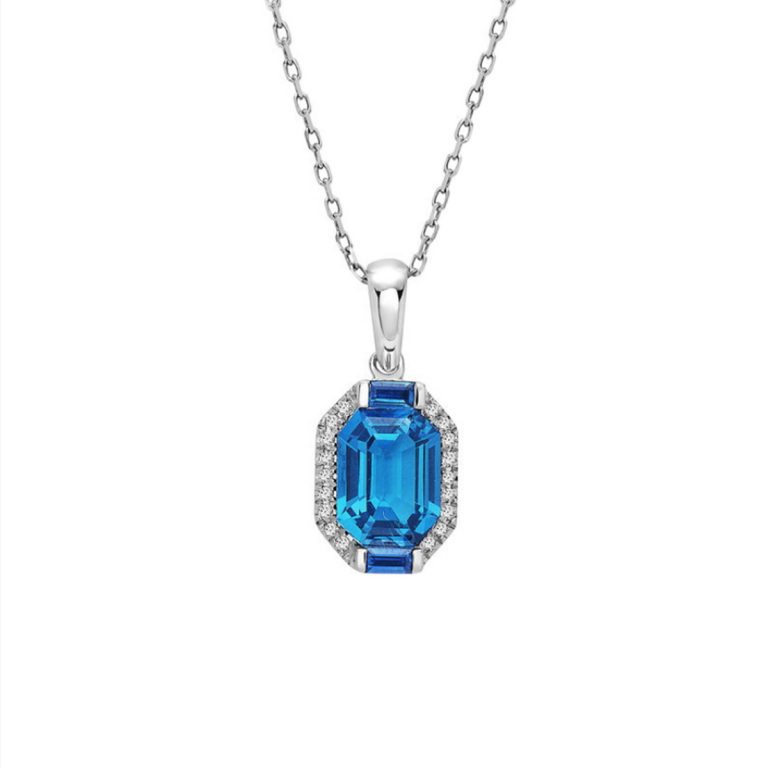 14K White Gold London Blue Topaz, Sapphire and Diamond Pendant and Chain