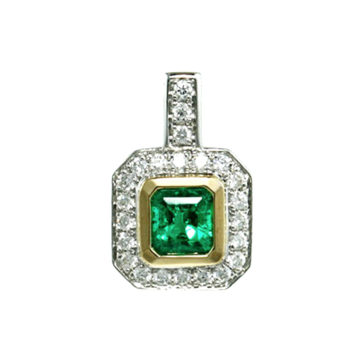 14K Yellow and White Gold Emerald and Diamond Halo Pendant