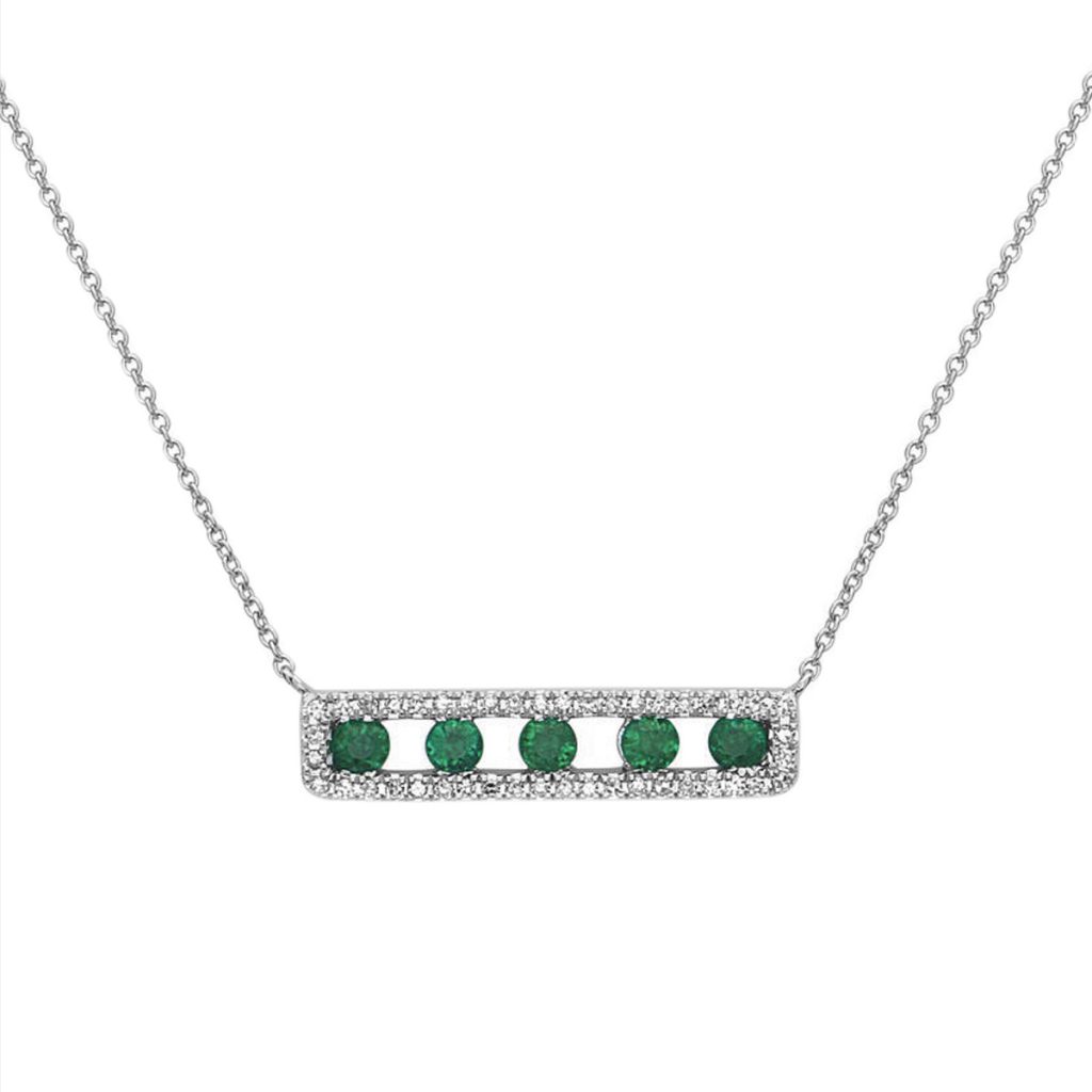 14K White Gold Emerald and Diamond Horizontal Bar Necklace