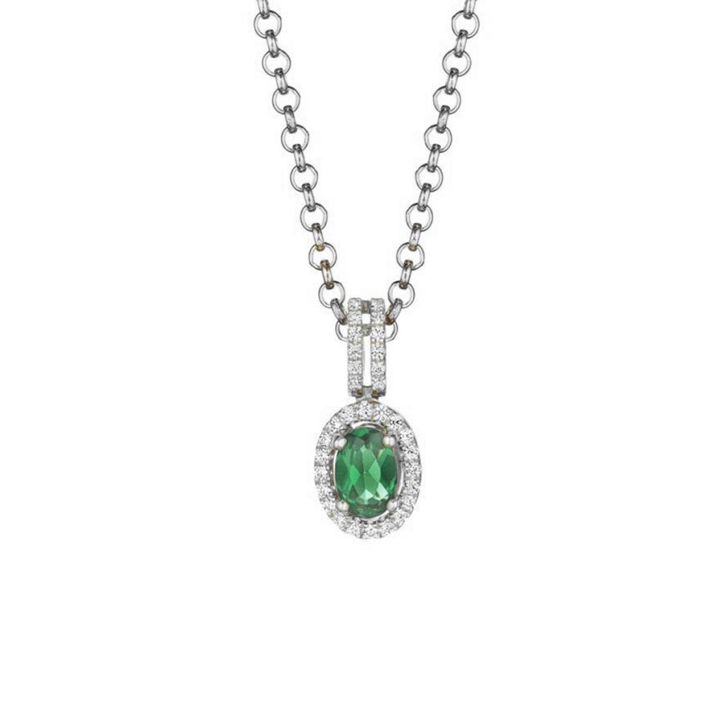 14K White Gold Oval Emerald and Diamond Halo Pendant with Chain
