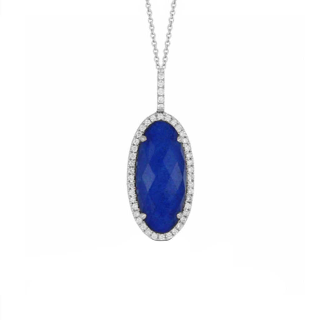 18K White Gold Oval Lapis Doublet and Diamond Pendant and Chain