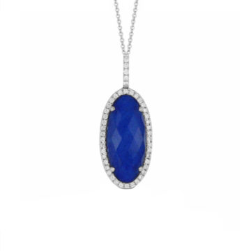 18K White Gold Oval Lapis Doublet and Diamond Pendant and Chain
