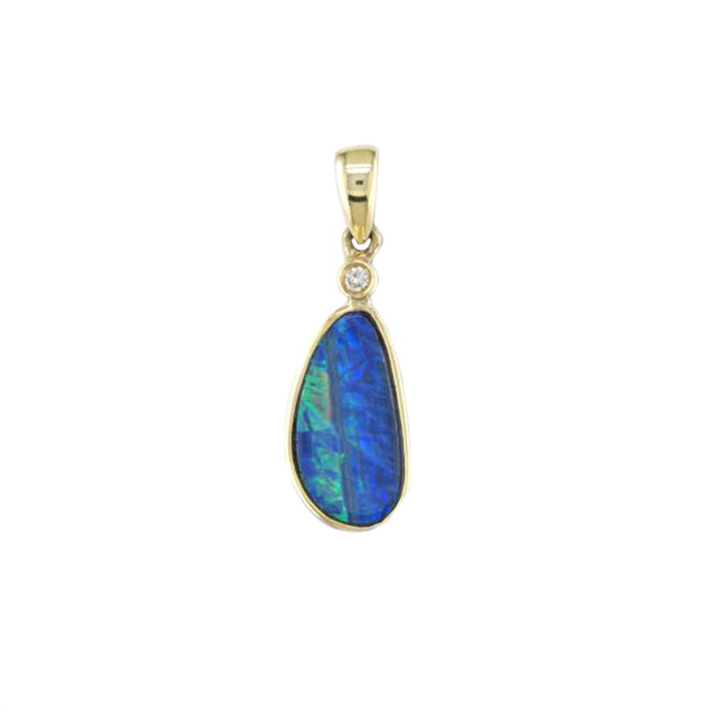 14K Yellow Gold Opal Doublet and Diamond Pendant