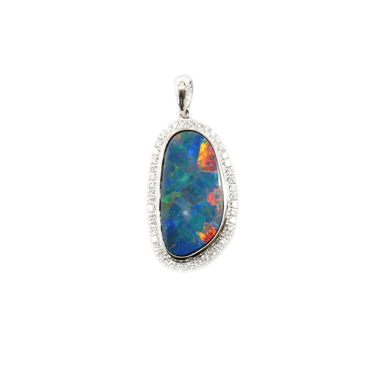 14K White Gold Free Form Opal and Diamond Halo Pendant