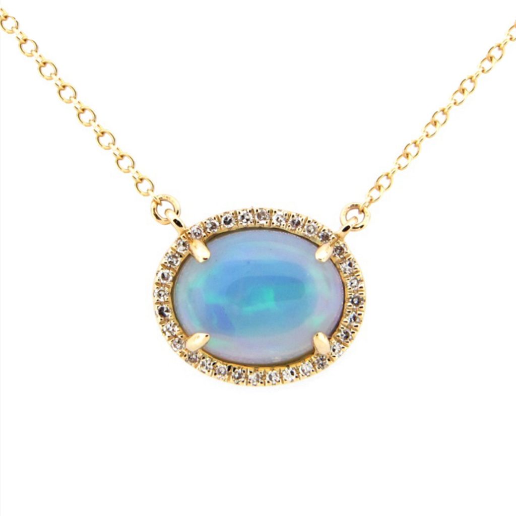 14K Yellow Gold Oval Opal and Diamond Halo Necklace