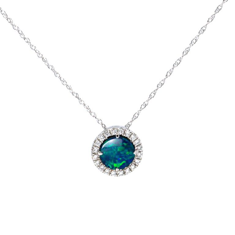 One 14K White Gold Opal Doublet and Diamond Halo Necklace
