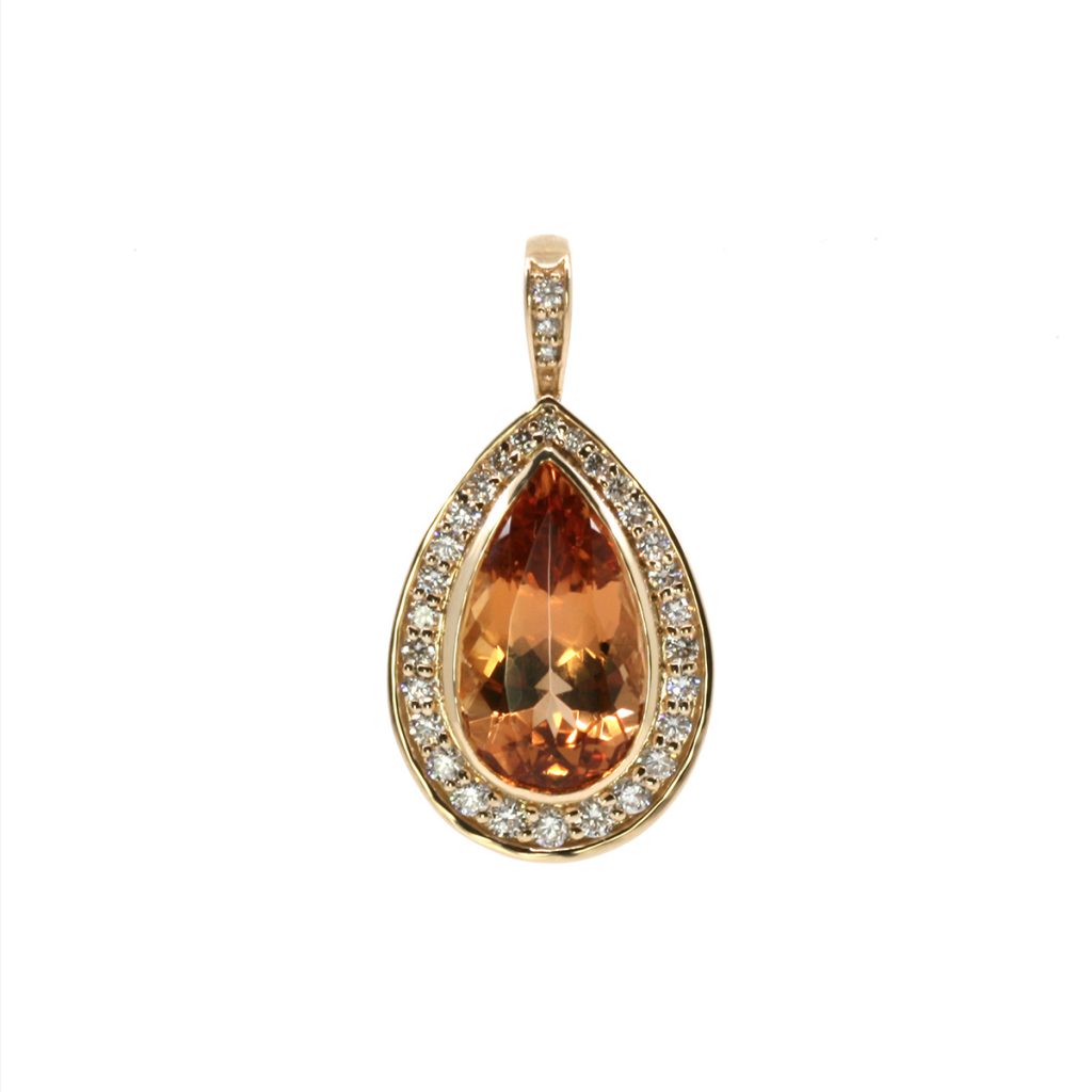 14K Yellow gold Pear-shaped Imperial Topaz and Diamond Halo Pendant