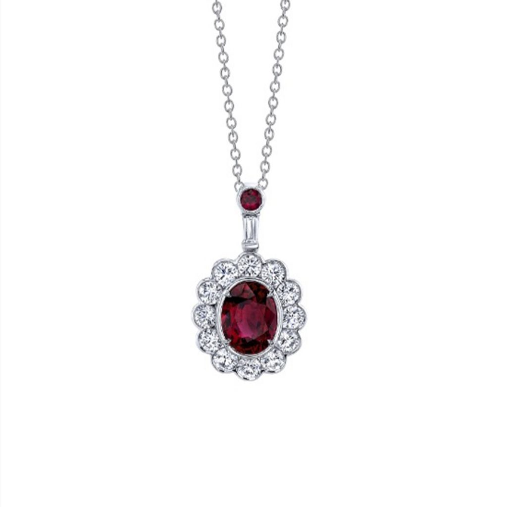 Platinum Oval Ruby and Diamond Halo Necklace