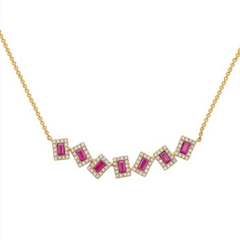 14K Yellow Gold Ruby and Diamond Cluster Necklace