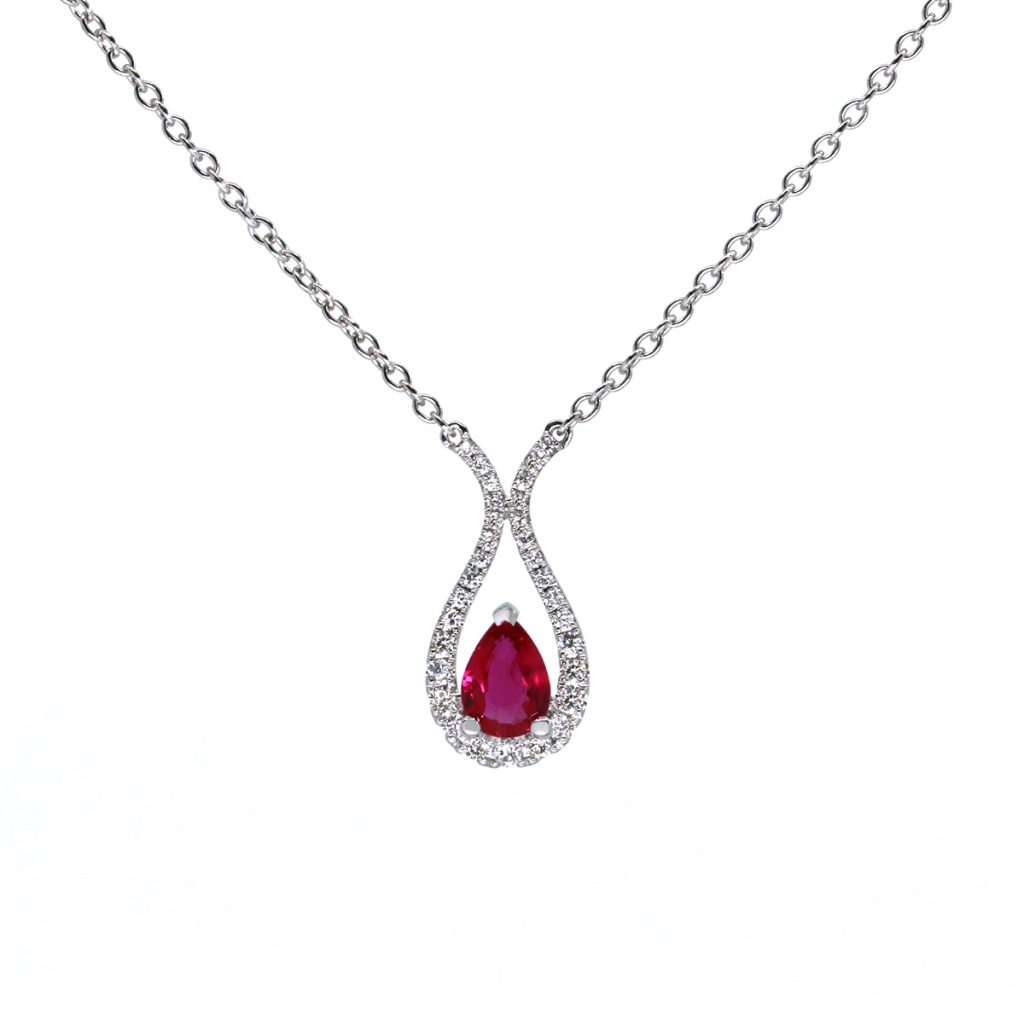 14K White Gold Pear-shaped Ruby and Diamond Curved Necklace