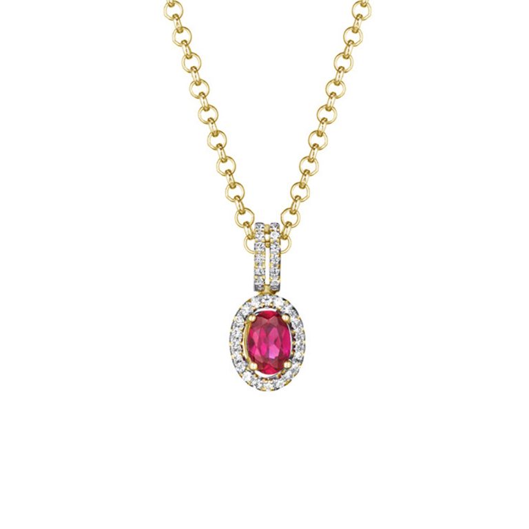 14k Yellow Gold Oval Ruby Pendant with Halo