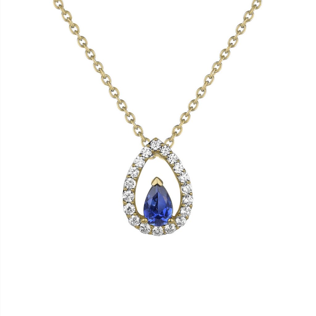 14K Yellow Gold Pear-Shaped Sapphire and Diamond Pendant and Chain