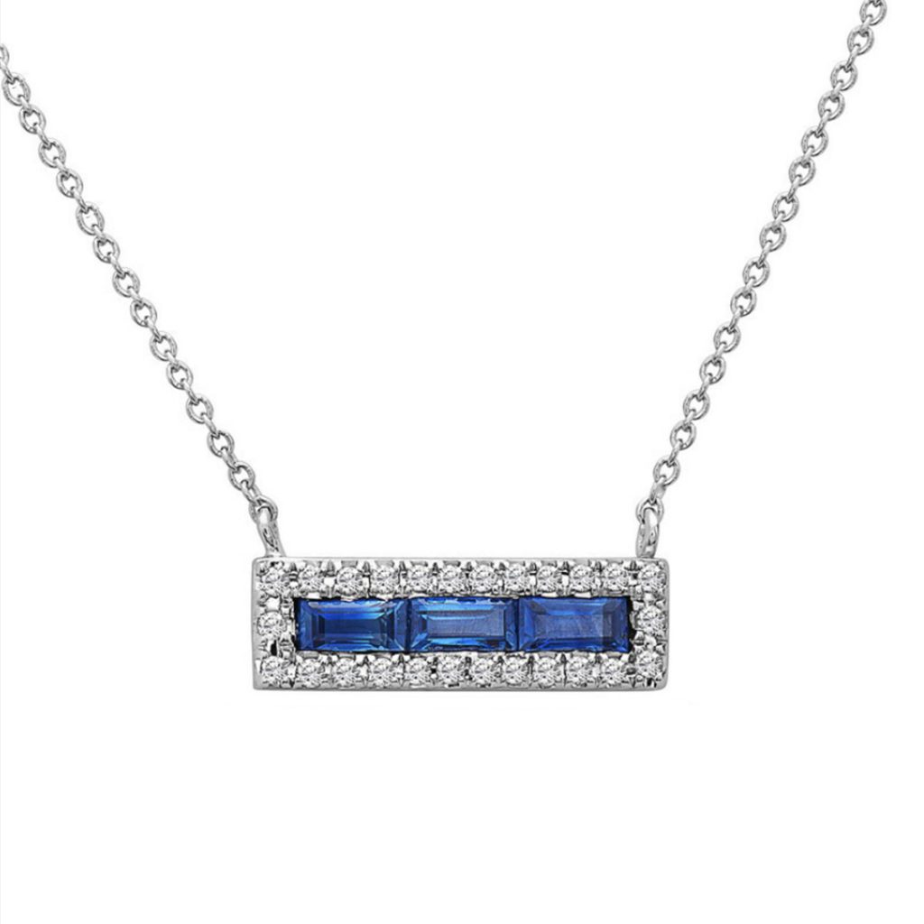14K White Gold Sapphire and Diamond Horizontal Bar Necklace