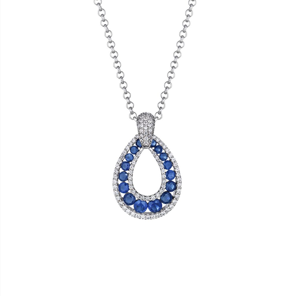 14K White Gold Saphire and Diamond Open Pear-shaped Pendant and Chain