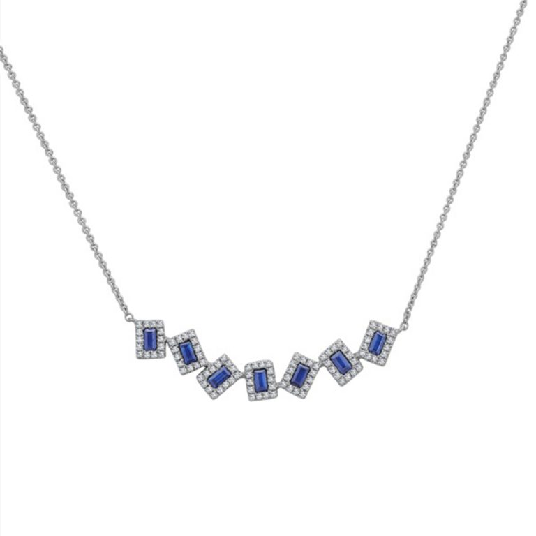 14K White Gold Sapphire and Diamond Multi Rectangular Halo Necklace