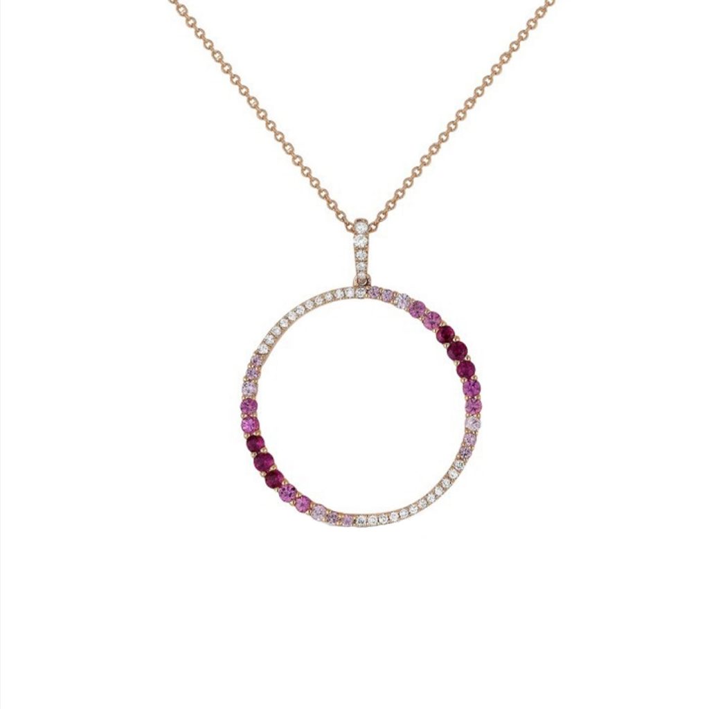 14K Rose Gold Pink Sapphire and Diamond Open Circle Pendant and Chain