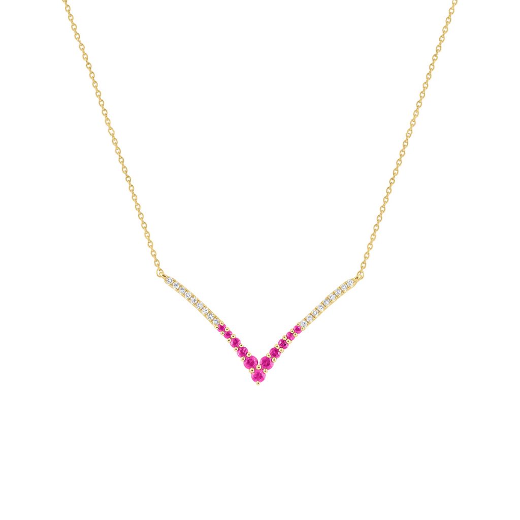 14K Yellow Gold Pink Sapphire and Diamond “V” Necklace