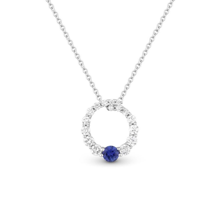 14k White Gold Circle Sapphire and Diamond Necklace