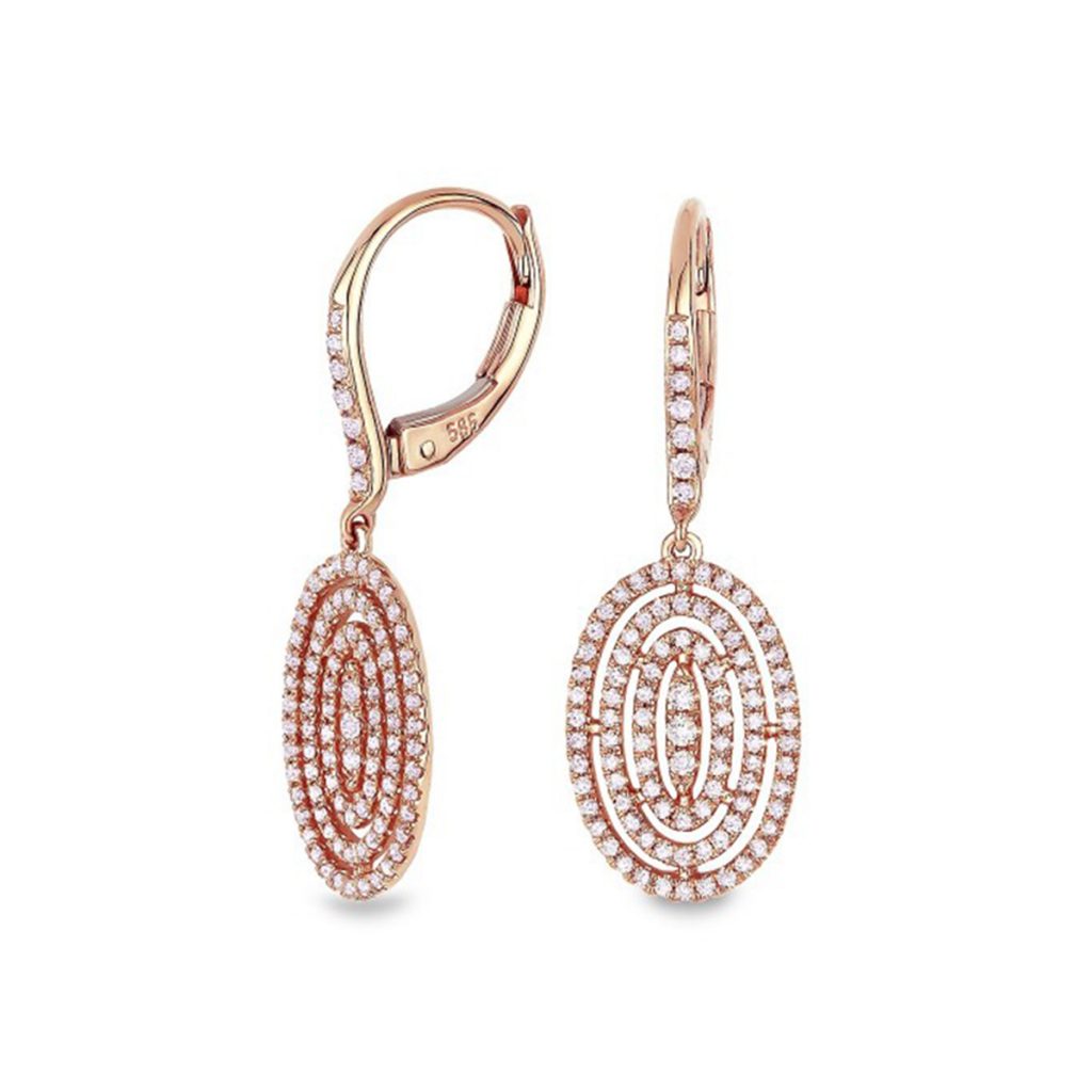 14k Rose Gold Oval Diamond Dangle Earrings