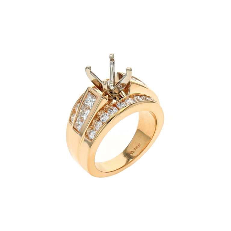 14K Yellow Gold 3-Row Diamond Engagement Ring Semi Mounting
