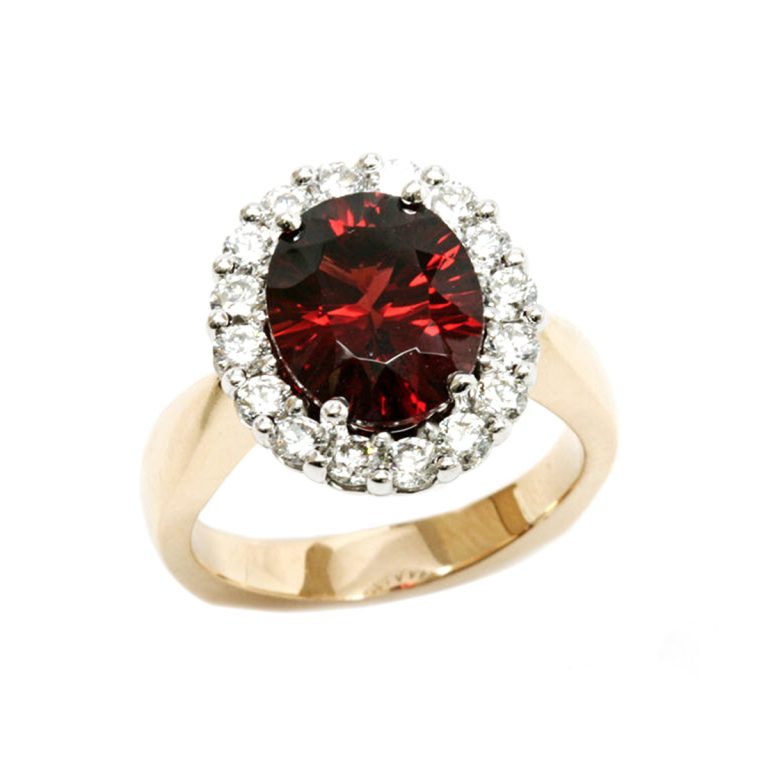 14K Two-Tone Oval Garnet and Diamond Halo Ring