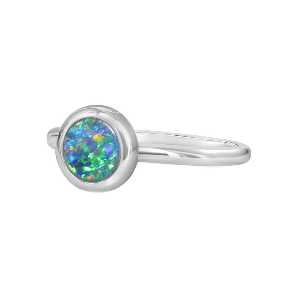 14K White Gold Round Opal Doublet Ring