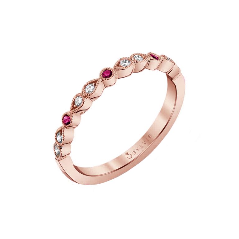 14K Rose Gold Round Ruby and Diamond Band