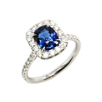 Platinum Cushion Sapphire and Diamond Halo Ring