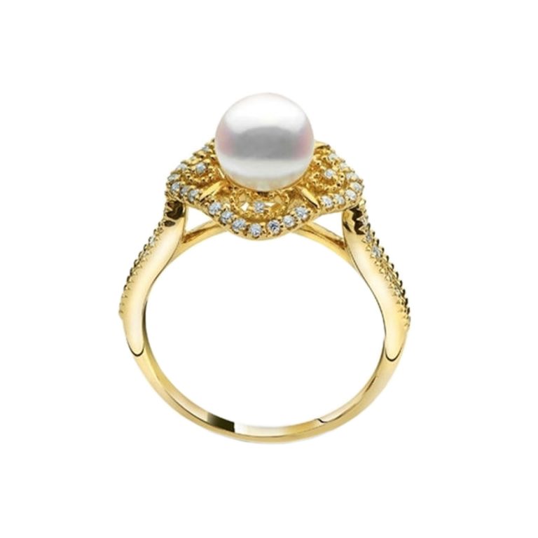 14K Yellow Gold Akoya Pearl and Diamond Ring