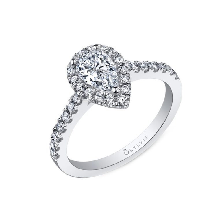 14K White Gold Pear-Shaped Halo Engagement Semi-Mounting