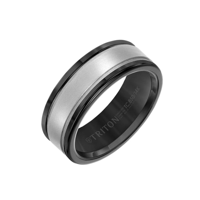 Black Tungsten and 14K White Gold Step Edge Band