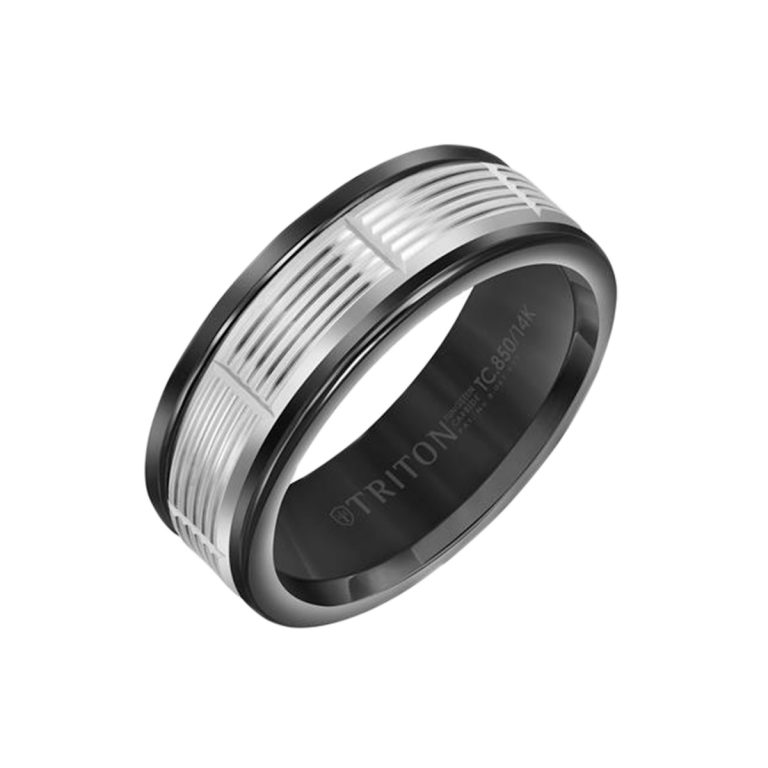 Black Tungsten and 14K White Gold Serrated Band