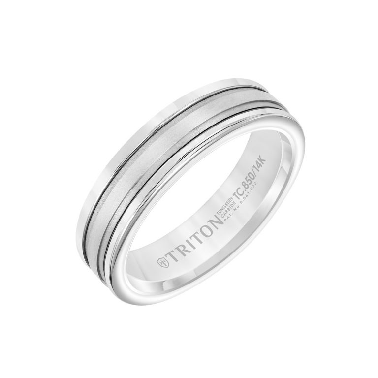Gray Tungsten and 14K White Gold Step Edge Band