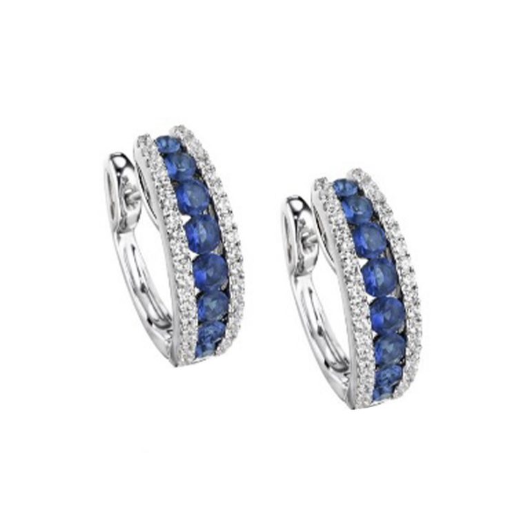 14k White Gold Blue Sapphire Hinged Hoops