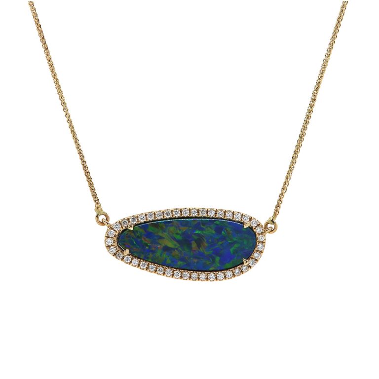 14K Yellow Gold Opal Doublet and Diamond Halo Necklace