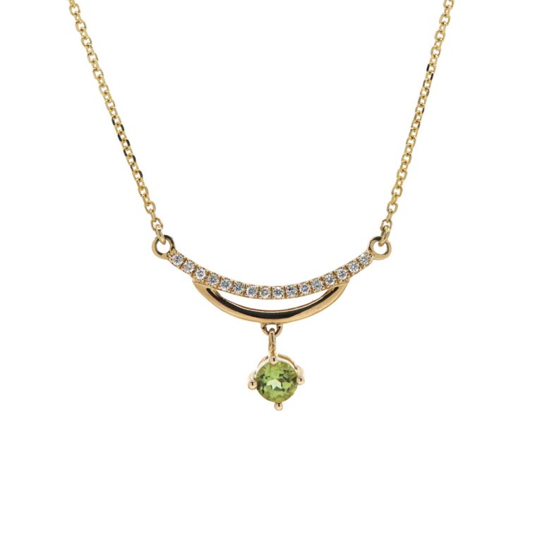 14K Yellow Gold Peridot and Diamond Curved Necklace